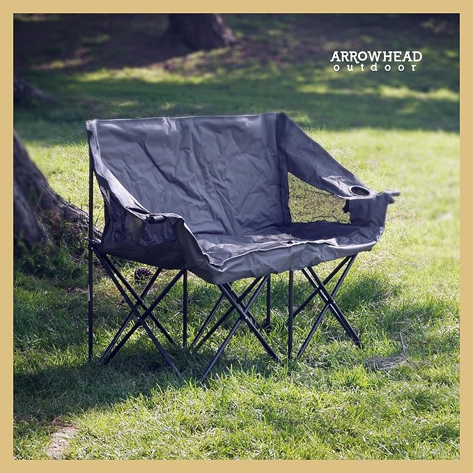 ARROWHEAD OUTDOOR Portable Folding Double Duo Camping Chair Loveseat w/ 2 Cup & Wine Glass Holder, Carrying Bag, Supports up to 500lbs