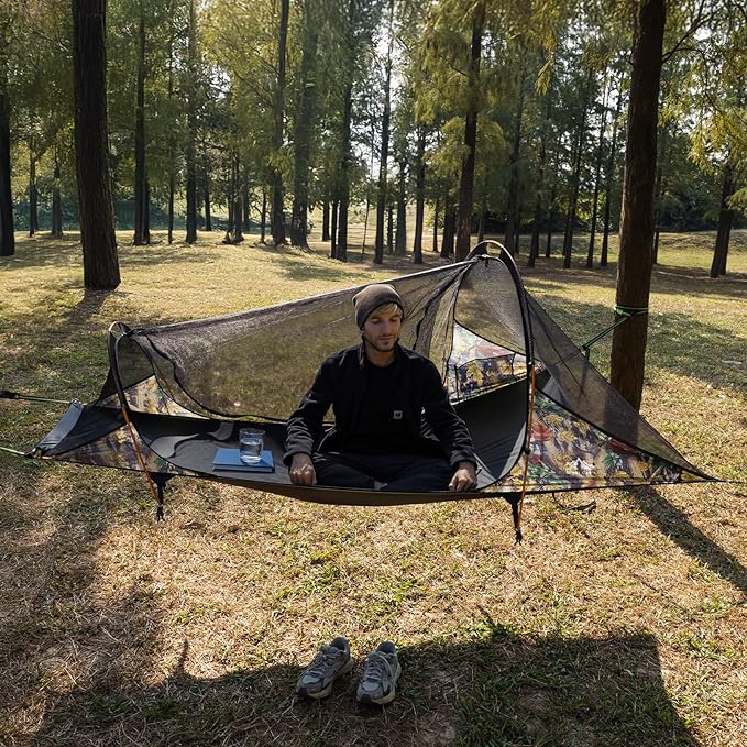Night Cat Flat Lay Hammock Tent: Portable Lightweight Camping Hammock with Mosquito Net Waterproof Rainfly for 1 Person Outdoor Camping Camouflage