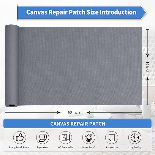KING MOUNTAIN Canvas Repair Patch 16×60 Inch Self-Adhesive Waterproof Fabric Patch for Sofas, Tents, Furniture,Tote Bags, Car Seats (Grey-1)