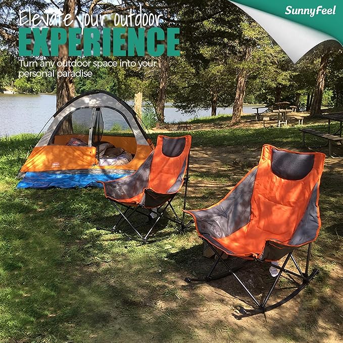 SUNNYFEEL Oversized Heated Rocking Camping Chair, Fully Padded Patio Chair with Side Pocket, High Back Portable Lawn Recliner with Carry Bag, Outdoor Rocker Camp Chair for Adults Heavy Duty 500 LBS