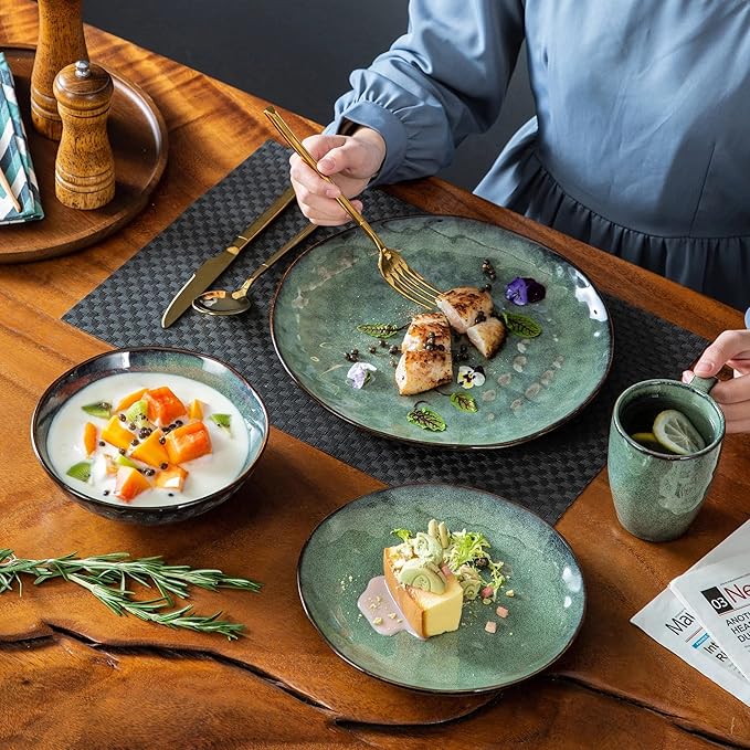 TEmkin 16 Pieces Starlight Green Tableware??, Kiln Glazed Tableware Tableware with Dinner Plate, Dessert Plate, Bowl, Cup
