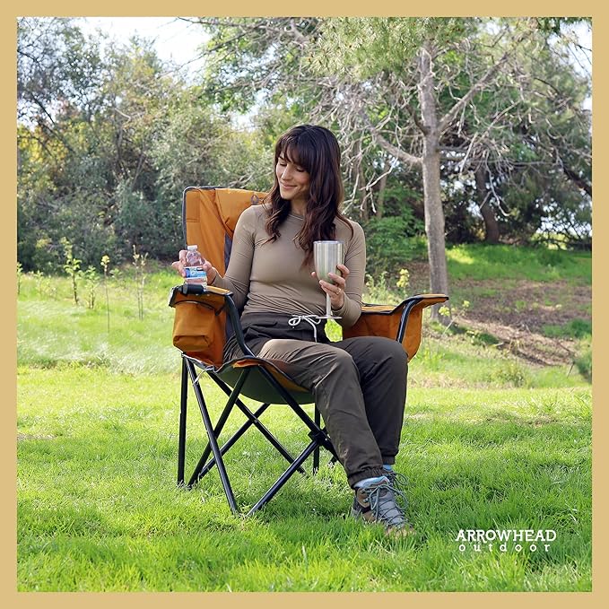 ARROWHEAD OUTDOOR 2-Pack Portable Deluxe Folding Camp Quad Chair w/Headrest, Glass & Cup Holders, Armest 6-can Cooler, Heavy Duty Carry Bag, 550 lbs Weight Capacity