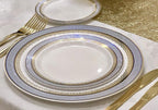 OCCASIONS 50pc Heavy Duty Disposable Plastic Plates Set for 25 Guests – 25 Dinner (10.5") & 25 Dessert (7.5") Plates – Elegant, Recyclable, BPA Free – Louvre Blue & Gold