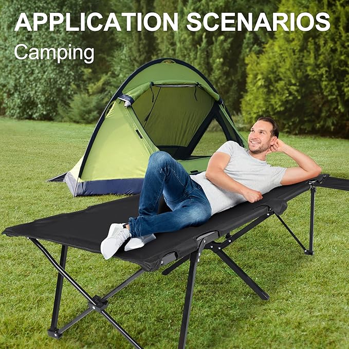 YSSOA Folding Camping Cot with Table for Adults, Portable and Lightweight Sleeping Bed for Outdoor Traveling, Hiking, Easy to Set up, Black