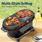 VIVOHOME Oval Cast Iron Grill with Interchangeable Grates & Griddle, 2 Furnace Doors for Heat Control, Includes Gloves, Poker and UV-Resistant Cover