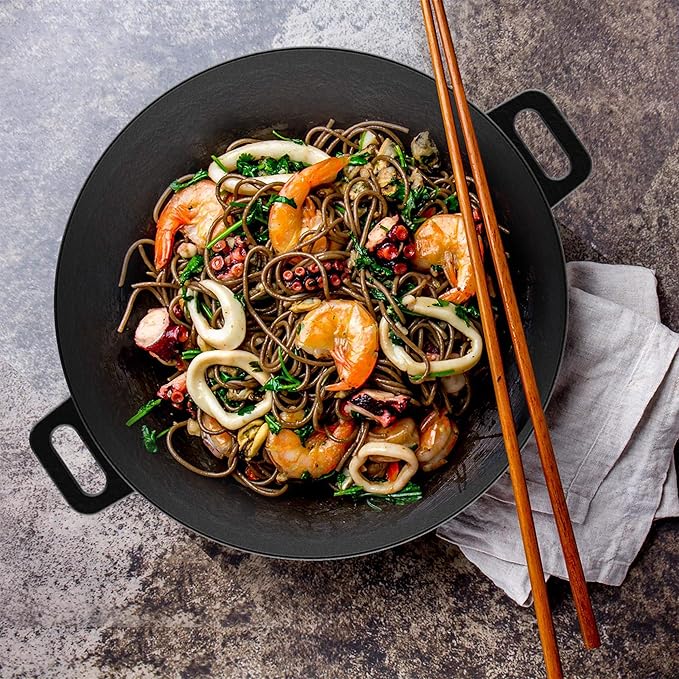 Cast Iron Wok-14” Pre-Seasoned, Flat Bottom Cookware with Handles-Compatible with Stovetop, Oven, Induction, Grill, or Campfire by Classic Cuisine, (82-KIT1088)