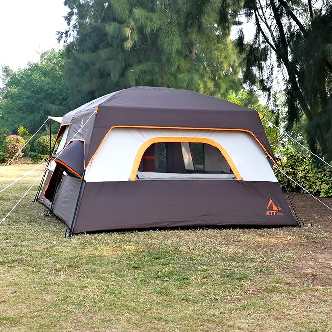 KTT Extra Large Tent 10-12-14 Person(A),Family Cabin Tents,2 Rooms,3 Doors and 3 Windows with Mesh,Straight Wall,Waterproof,Double Layer,Big Tent for Outdoor,Picnic,Camping,Family Gathering