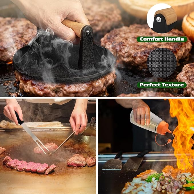 134 Pcs Griddle Accessories Kit for Blackstone - Perfect Flat Top Grill Accessories for Outdoor, Professional Round Melting Dome with Cast Iron Smash Burger Press for Barbecue.