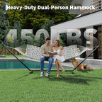 2 Person Double Hammock with Adjustable Steel Stand & Pillow, Heavy Duty Portable Outdoor Hammock Set, MAX 450 LBS Weight Capacity for Patio, Garden, Beach, Backyard