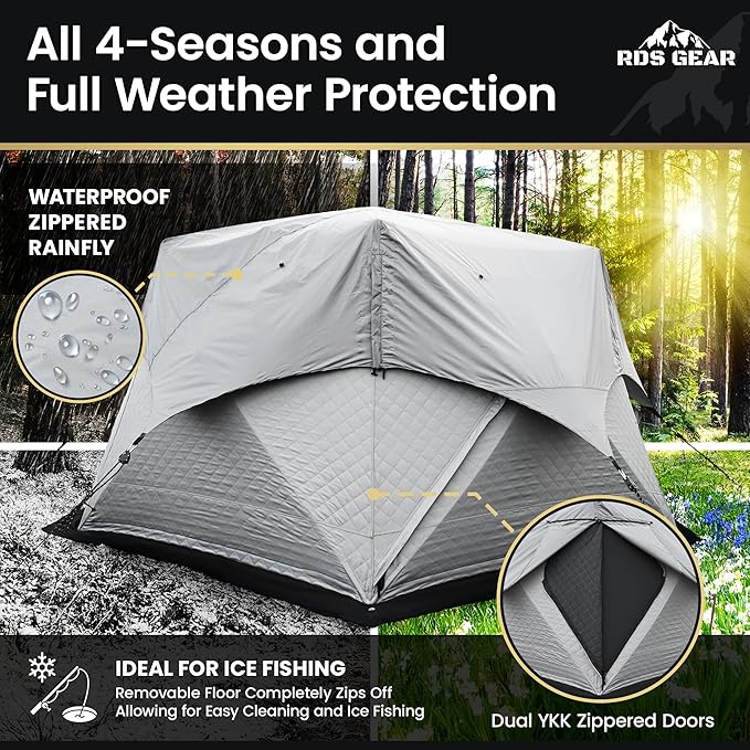 Obsidian - Heavy Duty 4 Season Camping Shelter, 6-8 Person Capacity, Instant Pop-Up Tent, Insulated and A/C Ready, Removable Floor for Easy Cleaning or Ice Fishing