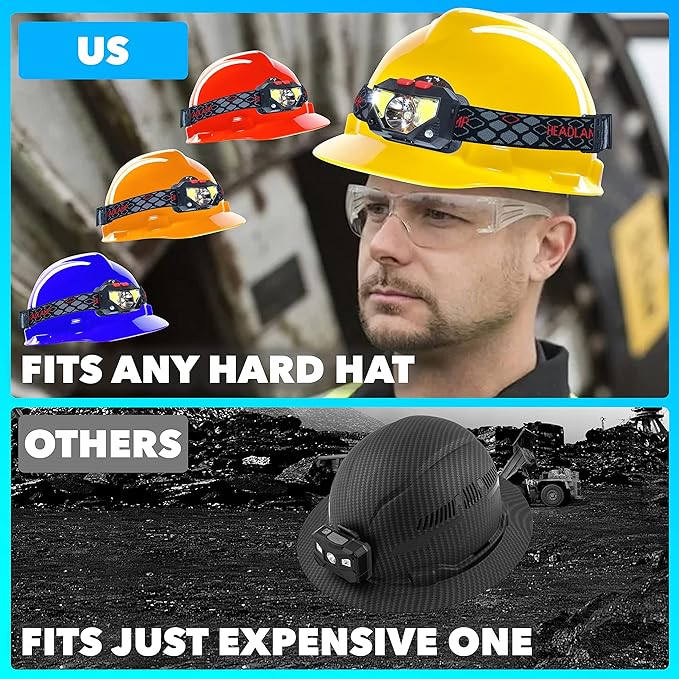 Skywin Hard Hat Light, Headlamp Rechargeable, 3 Pack Lightweight USB, XPG+COB 3 LED 200 Lumen Camping Helmet Light for Adults with Red Light IP44 Waterproof (Hard Hat Not Incl)