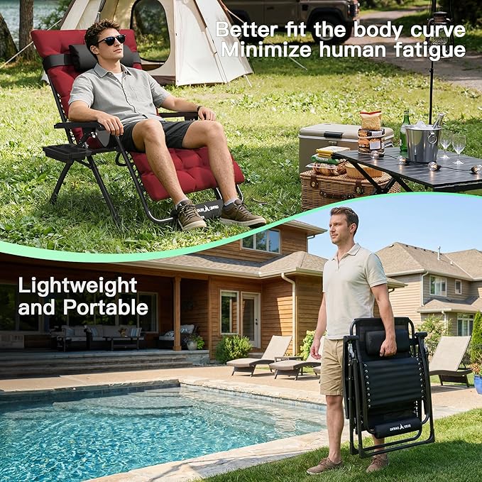 Amopatio Oversized Zero Gravity Chair, 33''W Reclining Camping Lounge Chair Upgraded Lock and Footrest, Cup Holder, Removable Cushion & Headrest Folding Patio Recliner