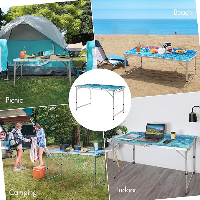 VILLEY Folding Camping Table 4FT, Large Portable Aluminum Table with Adjustable Height, Foldable Lightweight Picnic Table with Carry Handle for Camping, BBQ, Outdoor & Indoor Activities