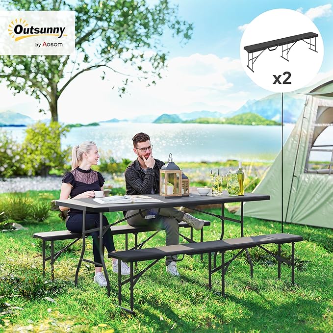 Outsunny 2-Pack 6 Ft. Plastic Folding Benches, Portable Foldable Bench Seats with Carrying Handle, Non-Slip Mat, HDPE Tabletop, Picnic Benches for Camping Dining Picnic BBQ Sports, Black