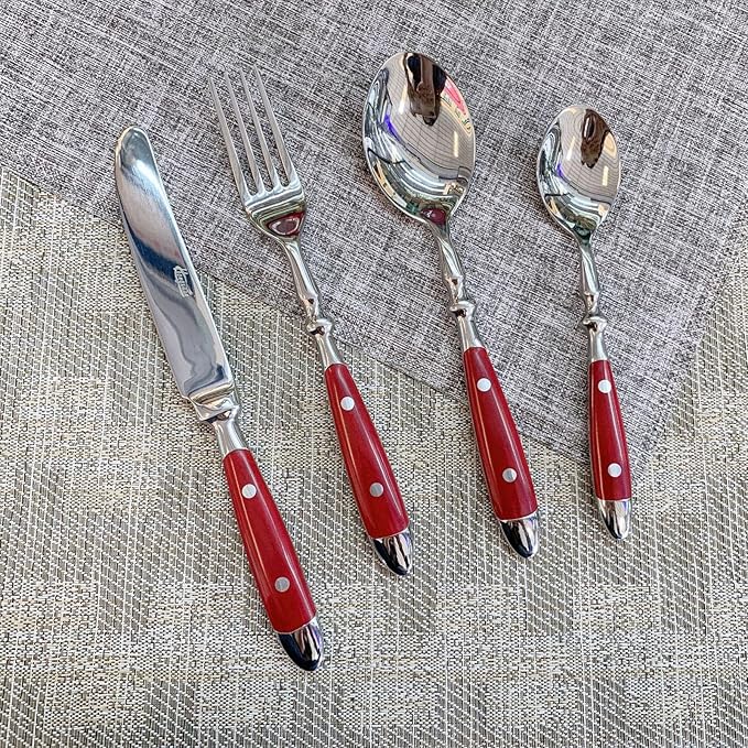 IKXO 16 Pieces Red Gum Wood Handle Silverware Set for 4, Exquisite Ergonomic Flatware Set Food-Grade Stainless Steel Cutlery Set, Tableware Eating Utensils, Mirror Finished, Dishwasher Safe…
