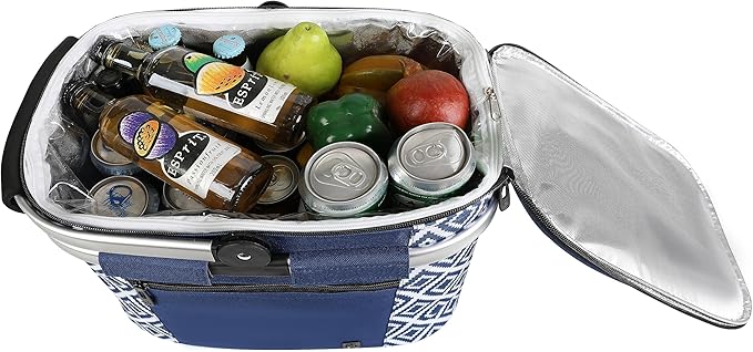 ALLCAMP Picnic Basket - Insulated Cooler, Thickening Foldable Picnic Basket with Removable Baskets & Sewn-in Frame, Basket for House Warming Gifts New Home(Rectangle Blue White)