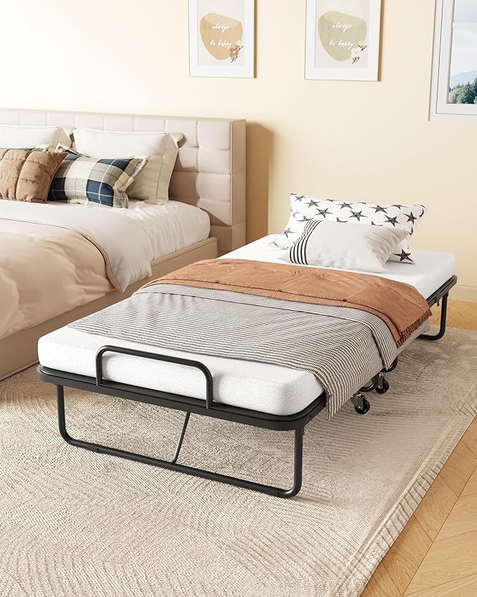Zenzy Cot Folding Bed with Mattress, CertiPUR-US Certified 4" Mattress Topper & Sturdy Metal Frame, Fold Up Bed for Guest/Bedroom/Office/Camp, 75" x 31", Black