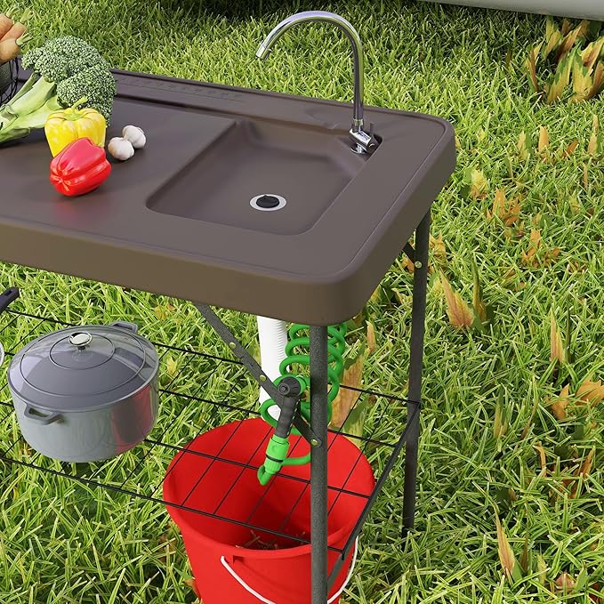 Outsunny Folding Fish Cleaning Table, Portable Camping Sink Station with Faucet, Drainage Hose, Sprayer, Grid Rack and Knife Groove, Outdoor Fillet Table for Picnic Beach Patio, Tan