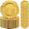 Rtteri 50 Pcs 13 Inch Charger Plates Bulk, Plastic Charger Plates with Floral Reef Design, Round Ruffled Rim Decorative Dinner Tableware for Wedding, Party, Event Table Decor(Gold)