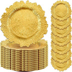 Rtteri 50 Pcs 13 Inch Charger Plates Bulk, Plastic Charger Plates with Floral Reef Design, Round Ruffled Rim Decorative Dinner Tableware for Wedding, Party, Event Table Decor(Gold)