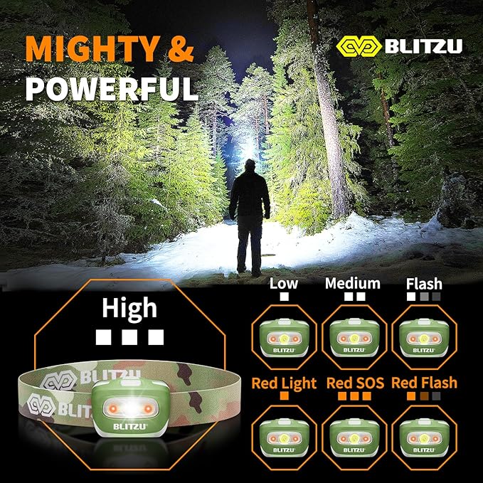 BLITZU Led Headlamp Flashlight for Adults and Kids. Super Bright Outdoor Headlight Headlamps. Head Lamp with Red Safety Light Great for Running, Camping, Reading, Hiking at Night Time CAMO