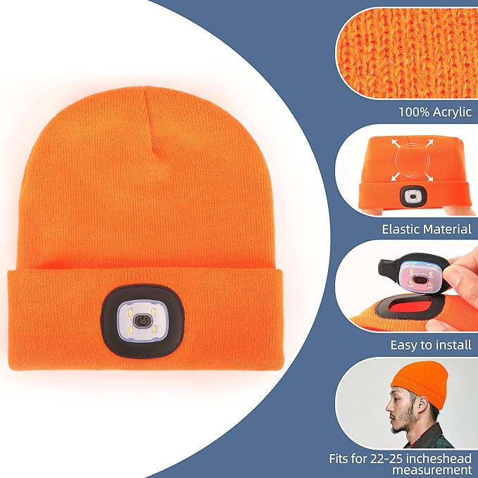 YMHB Unisex Beanie Hat with Light, USB Rechargeable LED Headlamp Hat Night Light Cap Christmas Stocking Stuffers Gifts for Men Dad Father Husband (Orange)