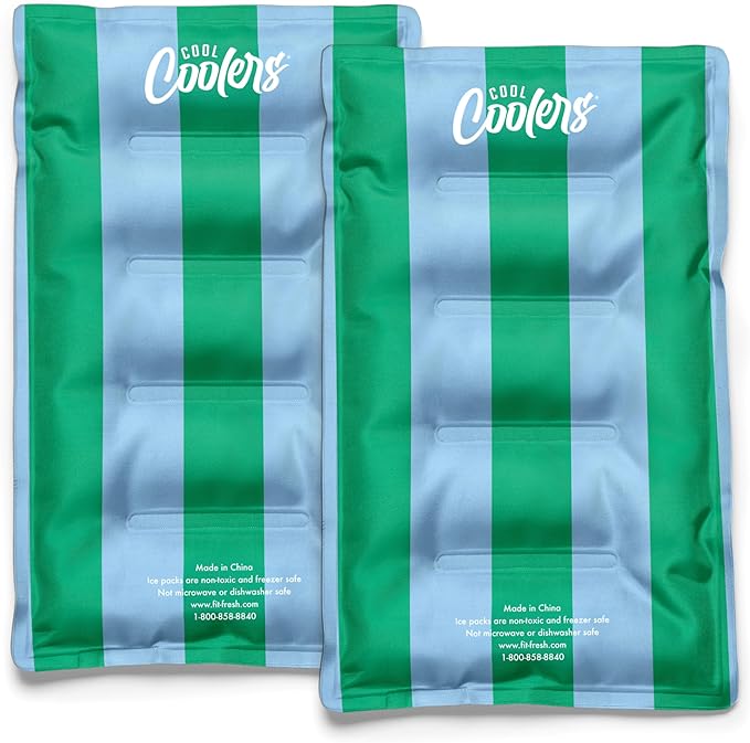 Cool Coolers Reusable XL Soft Ice Packs for Coolers, Long-Lasting Lunch Box Ice Pack, High Performance Quick Freeze, 2Pk, Blue & Green Stripe