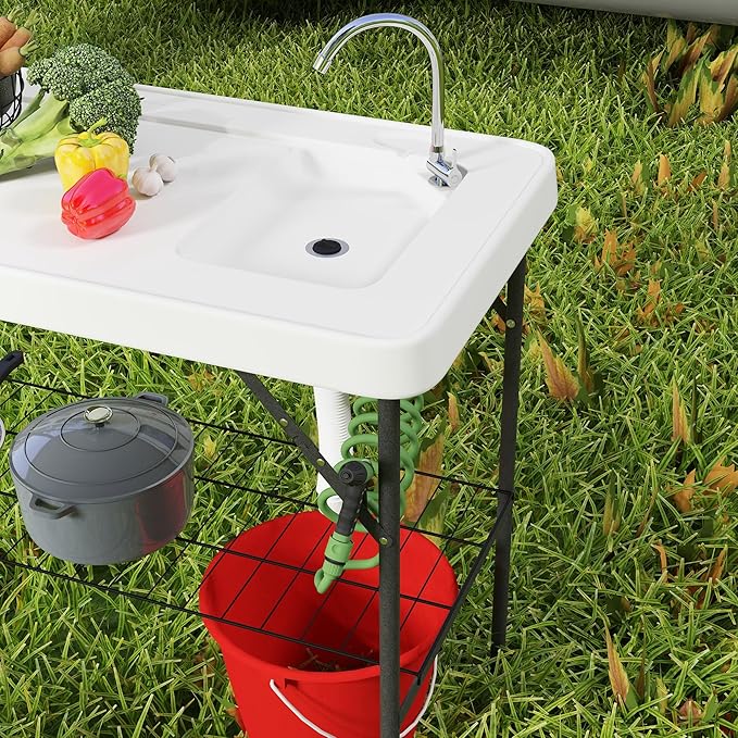 Outsunny Folding Fish Cleaning Table, Portable Camping Sink Station with Faucet, Drainage Hose, Sprayer, Grid Rack and Knife Groove, Outdoor Fillet Table for Picnic Beach Patio, White
