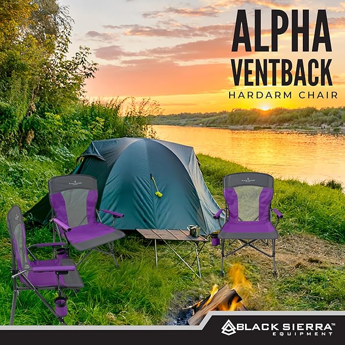 Black Sierra Camping Chair – Folding Portable Lawn & Beach Chair with Padded Hard Armrest, Mesh Vented Back, Spacious, Cup Holder, Carry Bag – Supports 300 lbs for Sports