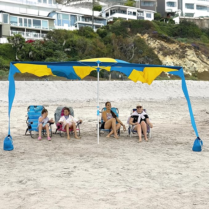 Shark FIN Shade Beach Tent Wind Sun Canopy Portable Easy Set Up UPF 50+ No Assembly Required 3-30 MPH - 1 to 8 People - Tie Downs Included - 2 Sizes Large 9' X 10' & Giant 13.5' X 10' PATENTS Pending
