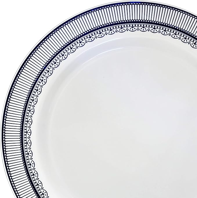 OCCASIONS 50 Piece Disposable Plastic Plates Set for 25 Guests – Heavy Duty 10.5" Dinner & 7.5" Dessert Plates, Elegant Party Plates for Weddings, Fancy Events, BPA-Free – Louvre in White w/Blue