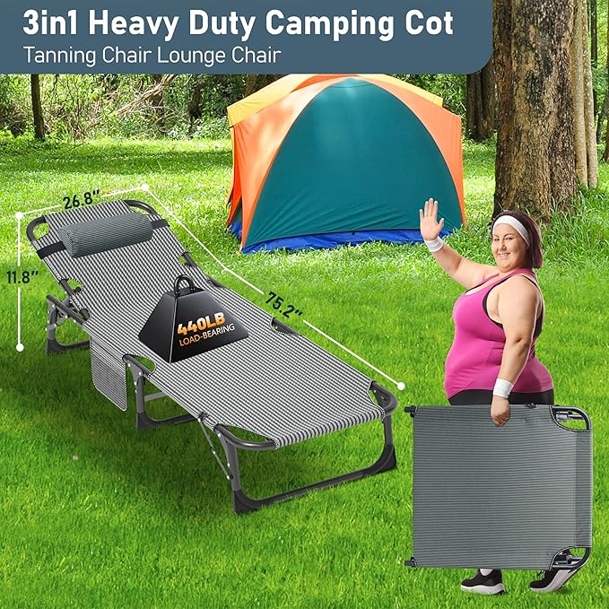 LILYPELLE Lounge Chair with Mattress, Heavy Duty Outside Lounge Chair Outdoor Portable Folding Lounge Chairs Sleeping Cots Bed for Camping, Pool, Beach, Patio