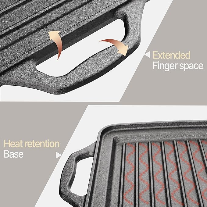 Bakken 19” Reversible Cast Iron Griddle, Flat & Grill Side, Dual Burner Cooking Plate for Pancakes, Meats & Veggies, Pre-Seasoned, Nonstick, Oven & Campfire Safe, Heavy-Duty Griddle Top with Mitt