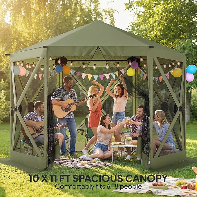 Outsunny 10 x 11 ft Pop Up Gazebo Screen Tent, Outdoor Portable Instant Camping Canopy Screen House Sun Shelter with Mesh Nettings, Carry Bag, Ground Stakes, Ropes for Patio, Backyard, Dark Green