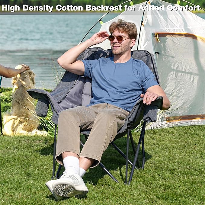 2 Pack Oversized Camping Chair, Portable Folding Padded Camp Chairs with Side Pocket, Cup Holder, Heavy Duty Support 500LBS Outdoor Lounge Chair for Adults, Fishing, Sports, Trip, Grey