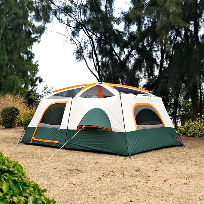 KTT Extra Large Tent 10-12-14 Person(B),Family Cabin Tents,2 Rooms,3 Doors and 3 Windows with Mesh,Straight Wall,Waterproof,Double Layer,Big Tent for Outdoor,Picnic,Camping,Family Gathering