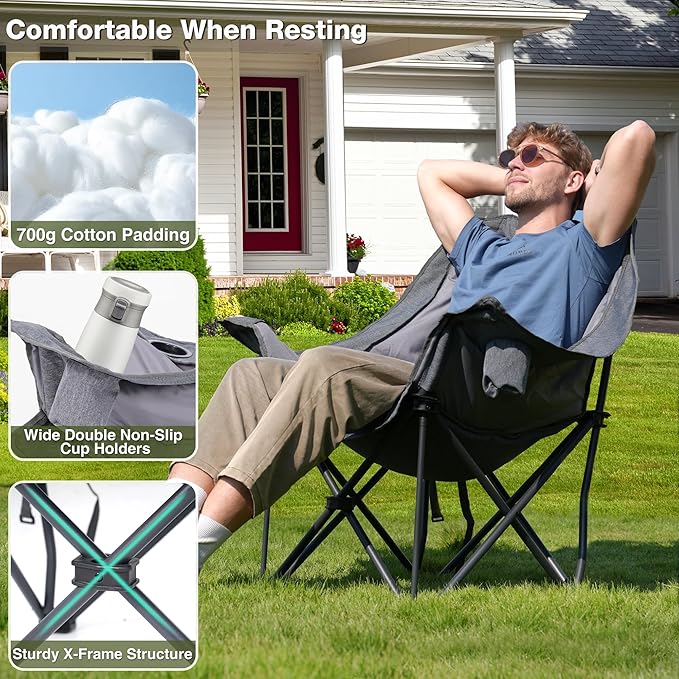 2 Pack Oversized Camping Chair, Portable Folding Padded Camp Chairs with Side Pocket, Cup Holder, Heavy Duty Support 500LBS Outdoor Lounge Chair for Adults, Fishing, Sports, Trip, Grey