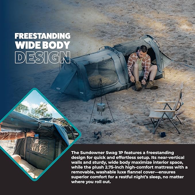 Kakadu Canvas Swag Tent, 1 Person, Australian Polycotton Camping Ground Tent, All Seasons, Waterproof, with 2.75” Foam Mattress, LED Lighting, Carry Bag