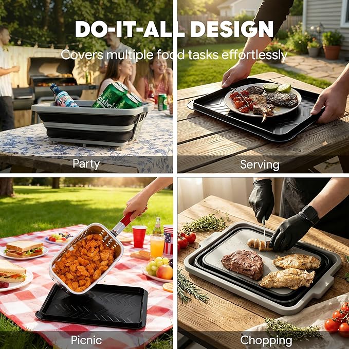 9-IN-1 Collapsible BBQ Prep Tub with Cutting Board, Portable Grill Prep Station with Side Brackets, Lids, Knives, Meat Claws and Drain Rack, Space-Saving for Kitchen, RV, Camping, Black
