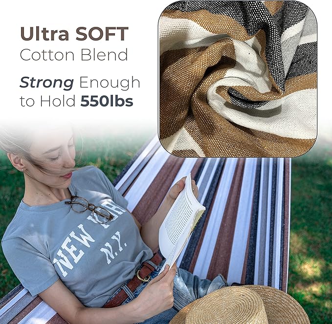 Backyard Expressions - 914921 - Portable Double 2 Person Outdoor Hammock with Stand - Brown and Gray - 9 x 3 Foot Hammock