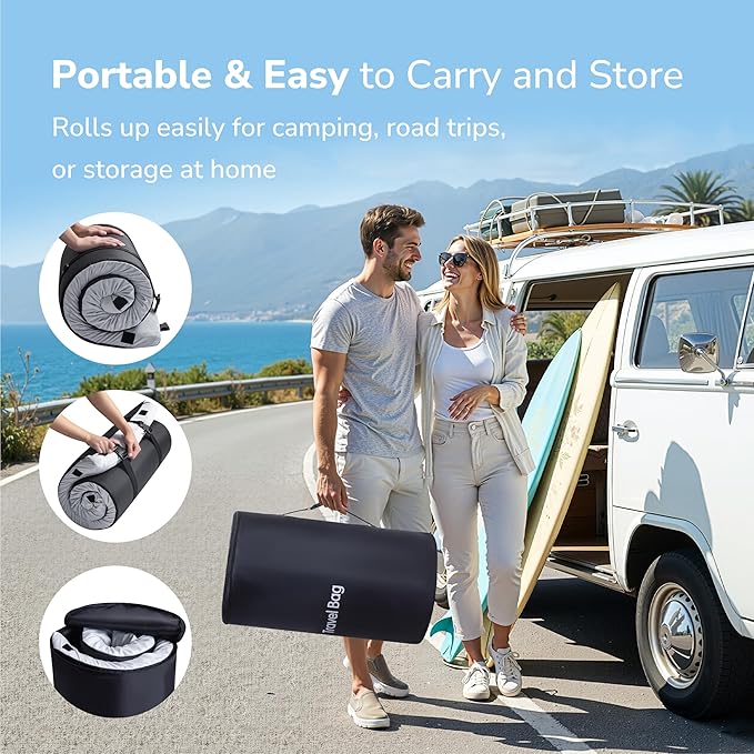 Memory Foam Camping Mattress 2.5 inch, Kids Portable Roll Up Camping Sleep Topper with Waterproof and Non-Slip Bottom, Camping Car Mat with Travel Bag, 63.5"×26.5"×2.5", Grey