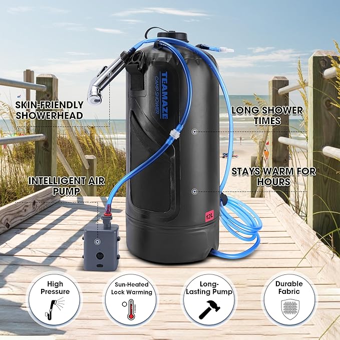 Teamaze Portable Shower,12L/3.2 Gal Solar Camping Shower Bag with Auto Pressure Pump,Portable Outdoor Shower for Camping,Beach,Hiking,RV,Pet Bath