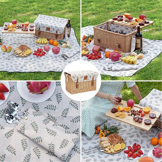 Picnic Basket with Table, Wine Picnic Basket Set 4, Wicker Picnic Basket for 4, Willow Hamper Service Gift Set with Blanket & Portable Wine Snack Table for Camping and Outdoor Party