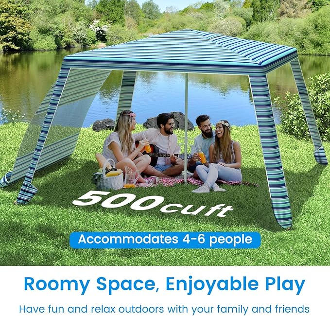 MoKo Beach Cabana, 8'×8' Large Beach Canopy with Side Wall, UPF 50+ Protection Easy Setup Beach Tent Sun Shelter, Adjustable Height Wind Resistant Cabana Beach Tent for Whole Family, Blue-Green Stripe