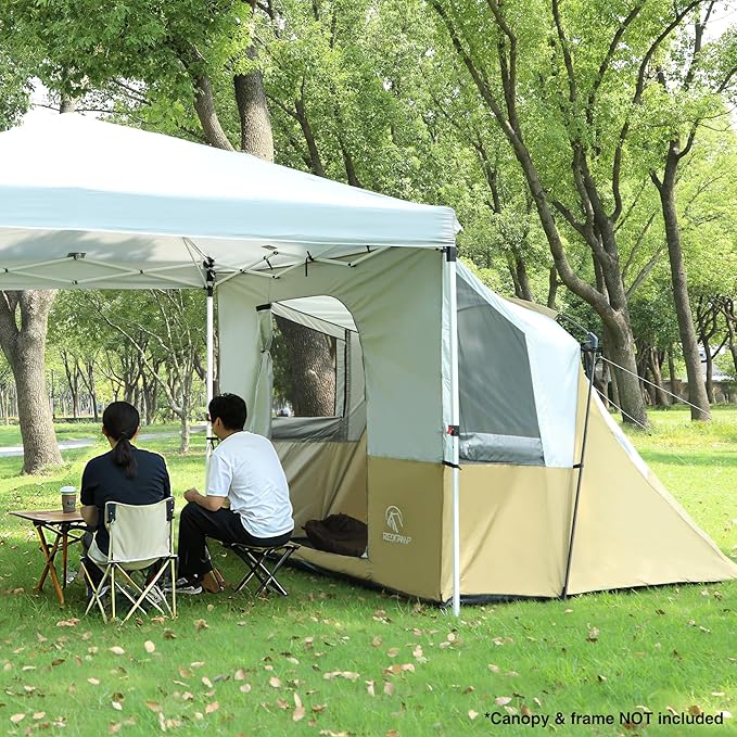 REDCAMP Camping Side Tent for Pop Up Canopy, Easy Setup Water-Resistant Camping Tent Attachment for 10' Wide Canopy, Fit 2 Person, Khaki (Frame/Shelter NOT Included)