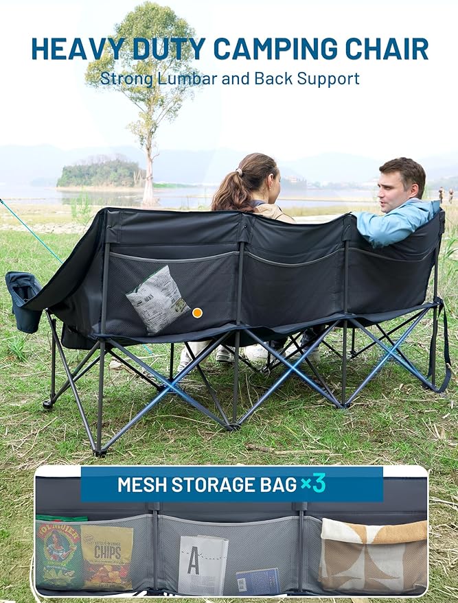 Timber Ridge Padded 3 Person Camping Chair with Cup Holders and Pockets, Outdoor Folding Loveseat Camping Chairs, 1050lbs Capacity Heavy Duty Camp Couch for Outside Picnic, Beach, Lawn, Sports, Blue