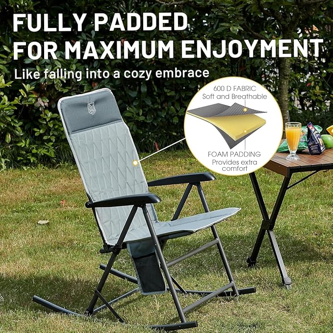 Timber Ridge 3-Level Adjustable Rocking Camping Chair, Ergonomic Padded High Back, Supports 300 LBS, Stable Anti-Tip Rocker, Hard Armrests for Easy Standing, Portable for Patio, Lawn & Tailgating