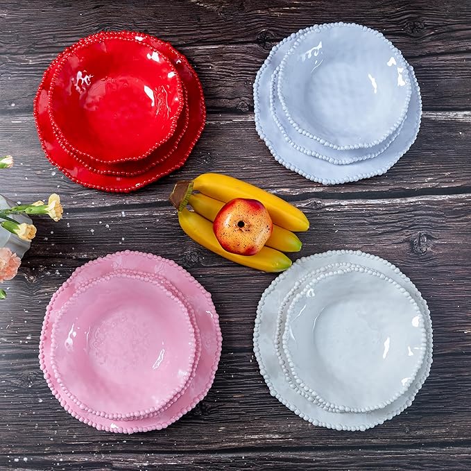 12 pcs Melamine Dinnerware Set, Elegant Scalloped Rim With Beaded Serving Plates and Bowls Sets of 4, Pearl Design Kitchen Dishes Dinner Set.Perfect for Girl's and Women's Parties,Gathering