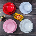 12 pcs Melamine Dinnerware Set, Elegant Scalloped Rim With Beaded Serving Plates and Bowls Sets of 4, Pearl Design Kitchen Dishes Dinner Set.Perfect for Girl's and Women's Parties,Gathering