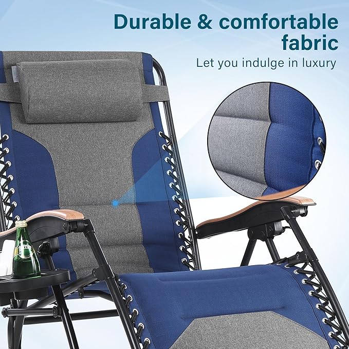 MFSTUDIO Zero Gravity Chairs, Oversized Patio Recliner Chair, Padded Folding Lawn Chair with Cup Holder Tray, Support 400lbs, Cyan